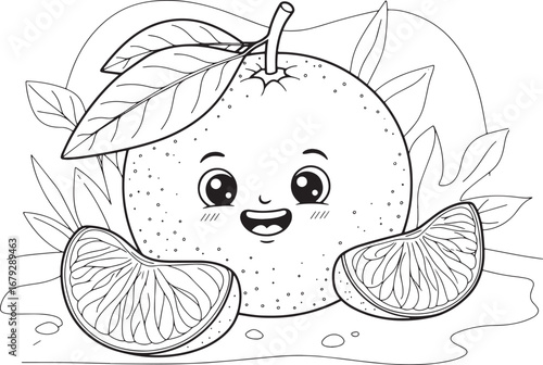 Cute cartoon clementine character with citrus fruit slices illus