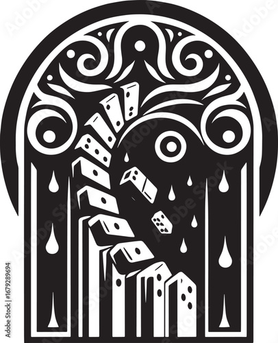 Creative black and white domino effect illustration within an arched decorative frame design