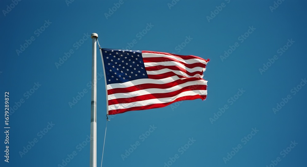 Fototapeta premium American flag waving in the bright blue sky, representing patriotism and national pride