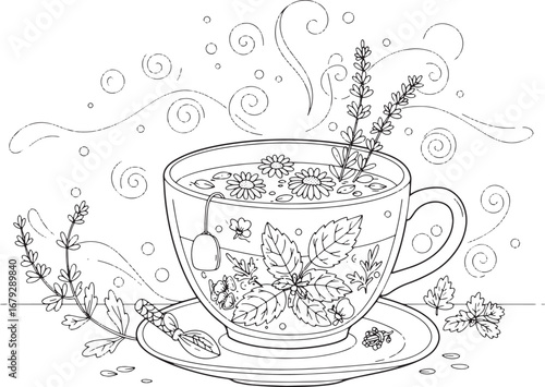 Detailed line art of herbal tea infusion with chamomile and lave