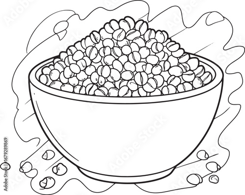Detailed monochrome illustration of a bowl full of freekeh grain