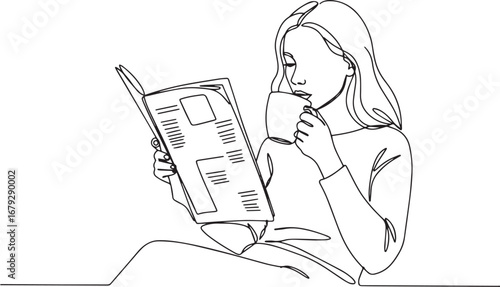 Continuous line drawing: A woman enjoys a quiet moment with news