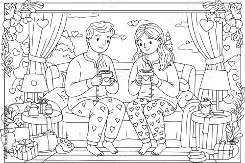 Couple in cozy pajamas drinking hot cocoa on sofa coloring page