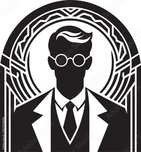 Art Deco Gentleman Silhouette Wearing Glasses and Suit in a Stylized Geometric Frame