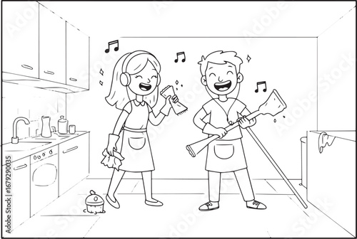 Joyful cleaning cartoon characters, musical housekeeping, kitche