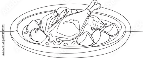 Line art depicting a savory dish with chicken and potatoes on a