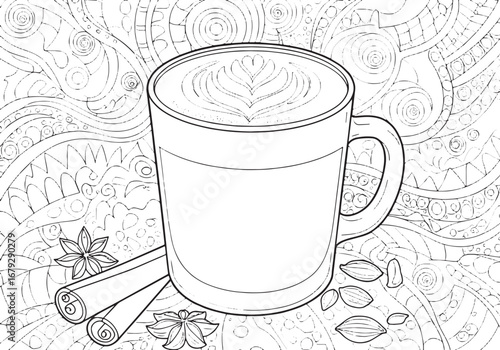 Line art of dirty chai latte with spice and creative artistic ba