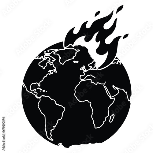 Burning planet earth global warming climate change crisis conceptual black and white illustration conveying urgent environmental concerns and the need for sustainable action and global awareness