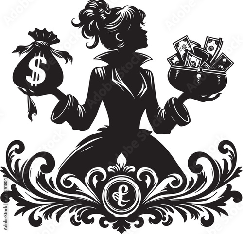 Silhouette of a Wealthy Woman Holding Money Bags and Purse, Featuring Financial Symbols