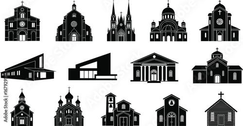 Set of church building silhouettes, religious architecture vector icons, modern and traditional chapels, black isolated cathedral design illustrations