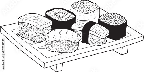 Elegant sushi platter monochrome illustration for culinary-theme