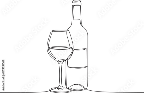 Minimalist wine art: Continuous line drawing of wine bottle and