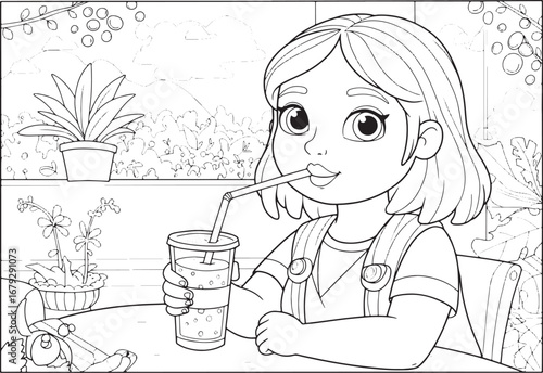 Charming illustration of a young girl enjoying a refreshing drin