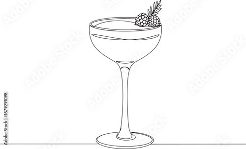 Elegant single line drawing of a clover club cocktail with raspb