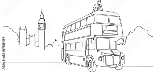 Minimalist line art of London double-decker bus with passenger n
