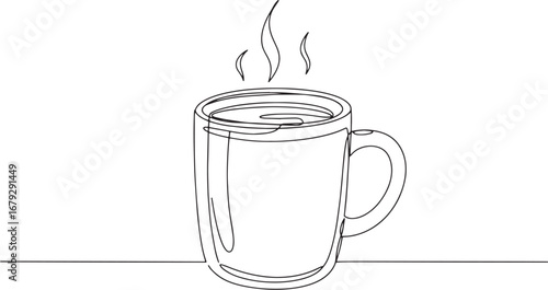 Minimalist line drawing of steaming coffee mug, cozy beverage co
