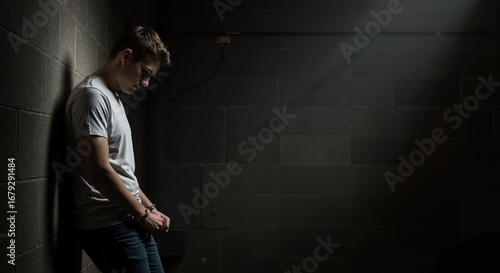 Young man with hands cuffed sitting against wall in dark room  