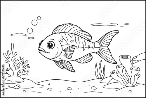 Black and white illustration of a fish swimming underwater with