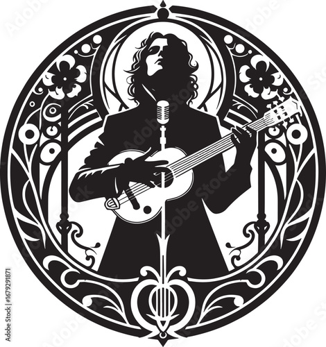 Silhouette of a Guitarist Performing with a Microphone, Artistic Circle Frame Design