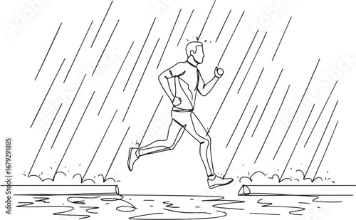 Single line drawing of a person running in the rain showcasing d
