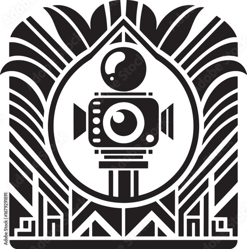 Art Deco Style Illustration Featuring a Film Camera with a Detailed Geometric Border Design