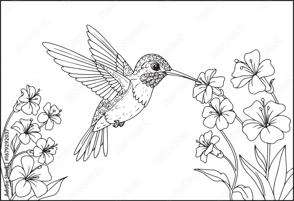 Obraz premium Hummingbird with florals in monochromatic outline drawing style
