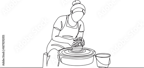 Continuous Line Art of a Woman Shaping Clay on a Potter's Wheel
