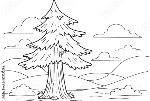 Whimsical Redwood Outlines with Cloudscape Background for Colori
