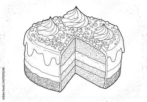 Intricate line art illustration of a layered cake with cream top