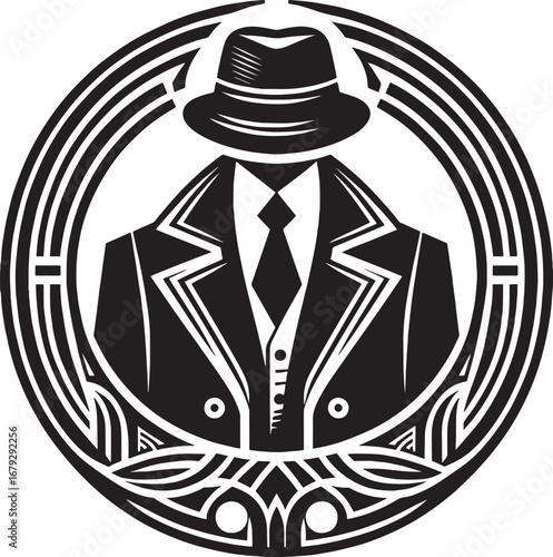 Elegant Illustrated Silhouette of a Gentleman in a Suit and Hat Within a Decorative Circle