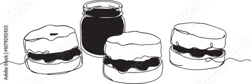 Continuous line drawing of scones with jam and jar minimalist de