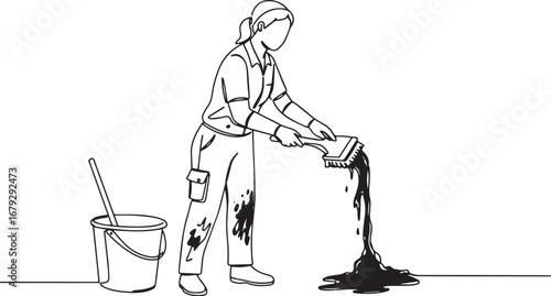 Artistic line drawing of a woman cleaning with brush and bucket