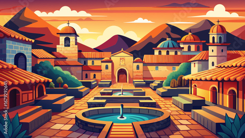 In Cusco, Peru, Inca stone foundations meet colonial plazas, arcaded streets, and ornate churches. Terracotta roofs, carved doorways, evening glow; semi-realistic flat vector emphasizing geometry, tex