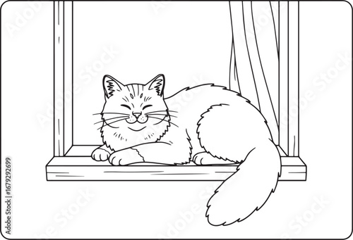 Line art illustration of a smiling cat relaxing on a windowsill