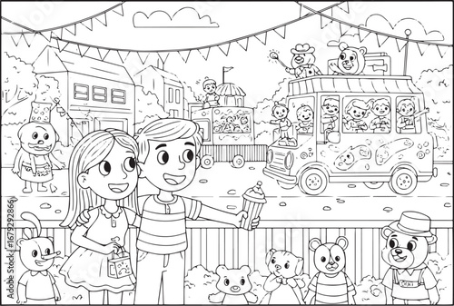 Charming coloring page featuring a cheerful couple at a festive