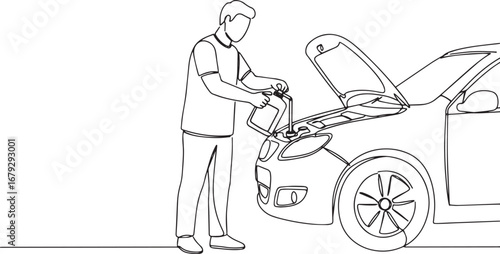 Continuous line art depicting a man refilling automotive fluids