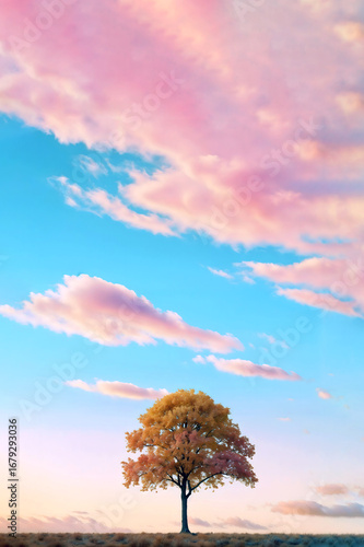 Wallpaper Mural Single autumn tree under vibrant sky with pink sunset clouds Torontodigital.ca