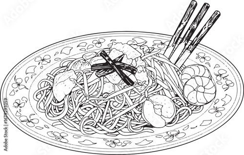 Intricate monochrome illustration of delicious noodle dish with
