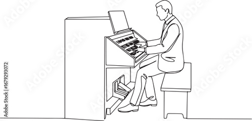 Single line drawing of a musician playing an organ during a perf