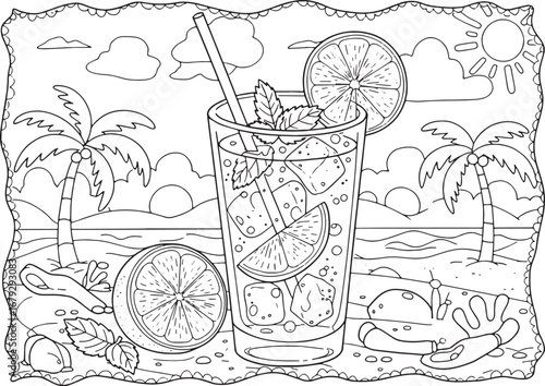 Tropical paradise coloring page featuring a refreshing virgin mo