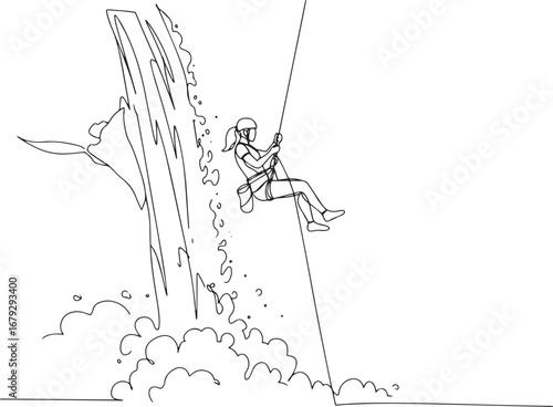Continuous line art depicting a woman rappelling down a waterfal