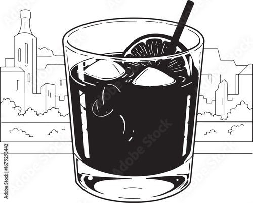 Illustrative negroni cocktail with ice and orange twist against