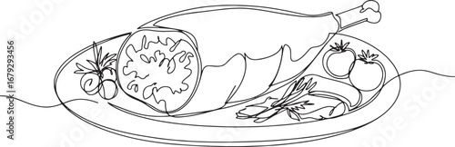 Elegant single line drawing showcasing venison with garnish on a