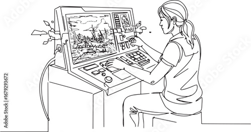 Woman interacting with sophisticated simulation technology, line