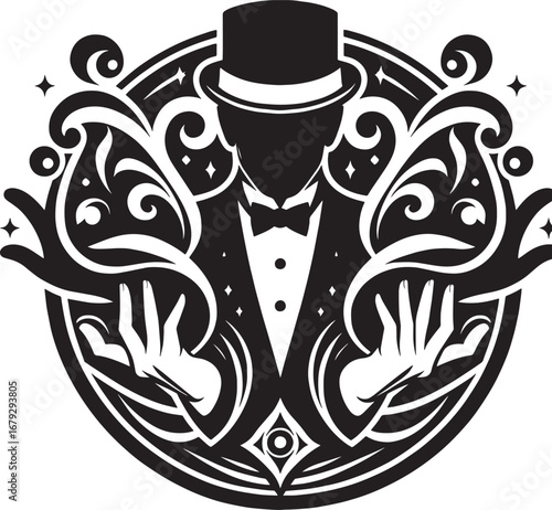 Elegant magician silhouette with hat, bow tie, and stylized flourishes in a circular design