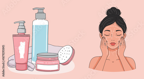 Skincare beauty routine, illustration of a woman applying cosmetic product