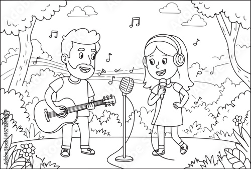 Cartoon couple performing music outdoor in nature scenery line a