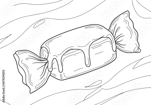 Delightful outline illustration of a candy with flowing caramel