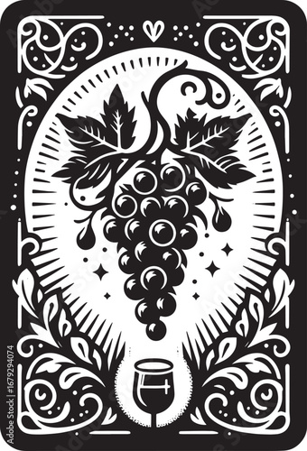 Artistic Black and White Illustration of Grapes, Wine Glass, and Decorative Elements