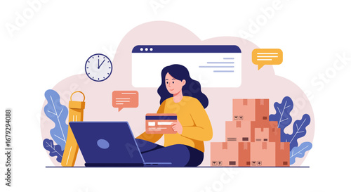 Online shopping convenience: Woman purchasing with laptop and card amidst packages